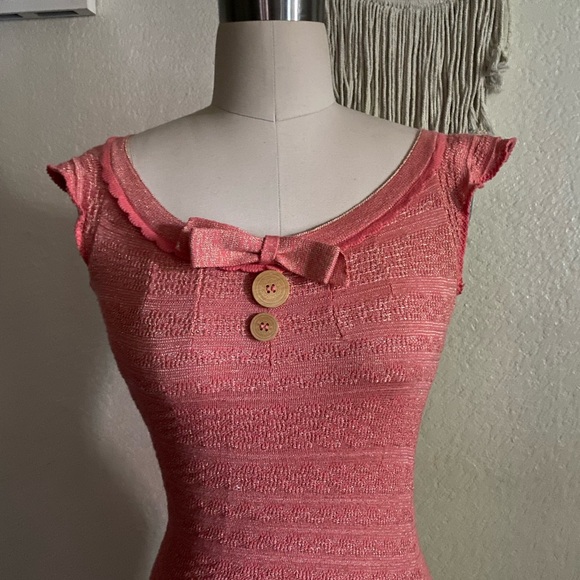 Manoush Spring Coral Peach Ruffle Wool Sparkle Gold Midi Dress - Picture 2 of 2